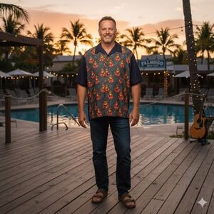 ODO Mens Vintage Short Sleeve Button Up Shirt Flames Black Large Cruise Dad